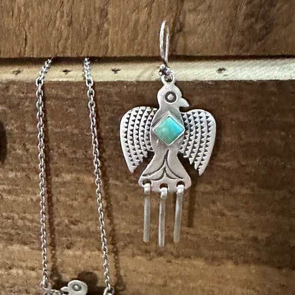 Sterling Silver Kingman Turquoise Dangle Thunderbird Necklace and Earrings Set - Picture 5 of 8